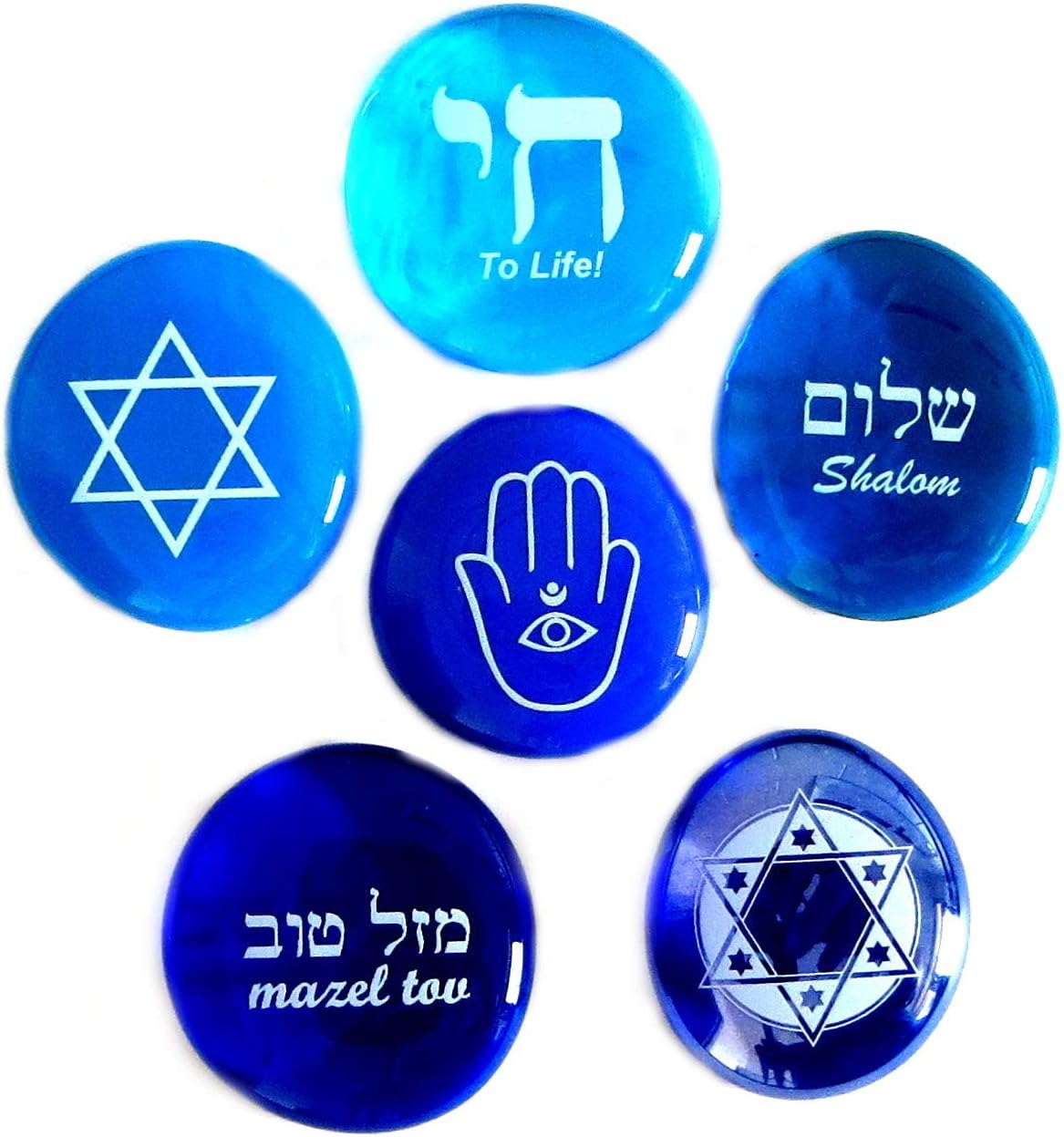 Judaica Glass Stones: Chai, Star of David, Hamsa, Mazel Tov and Shalom on Shades of Blue, Set of Six - Set of 6