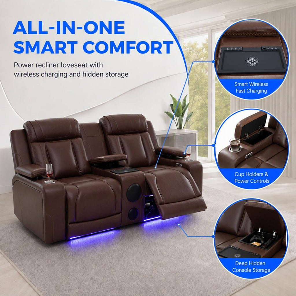 Leather Power Recliner Sofa Set with Bass Speaker/LED(Brown, 3PCS)