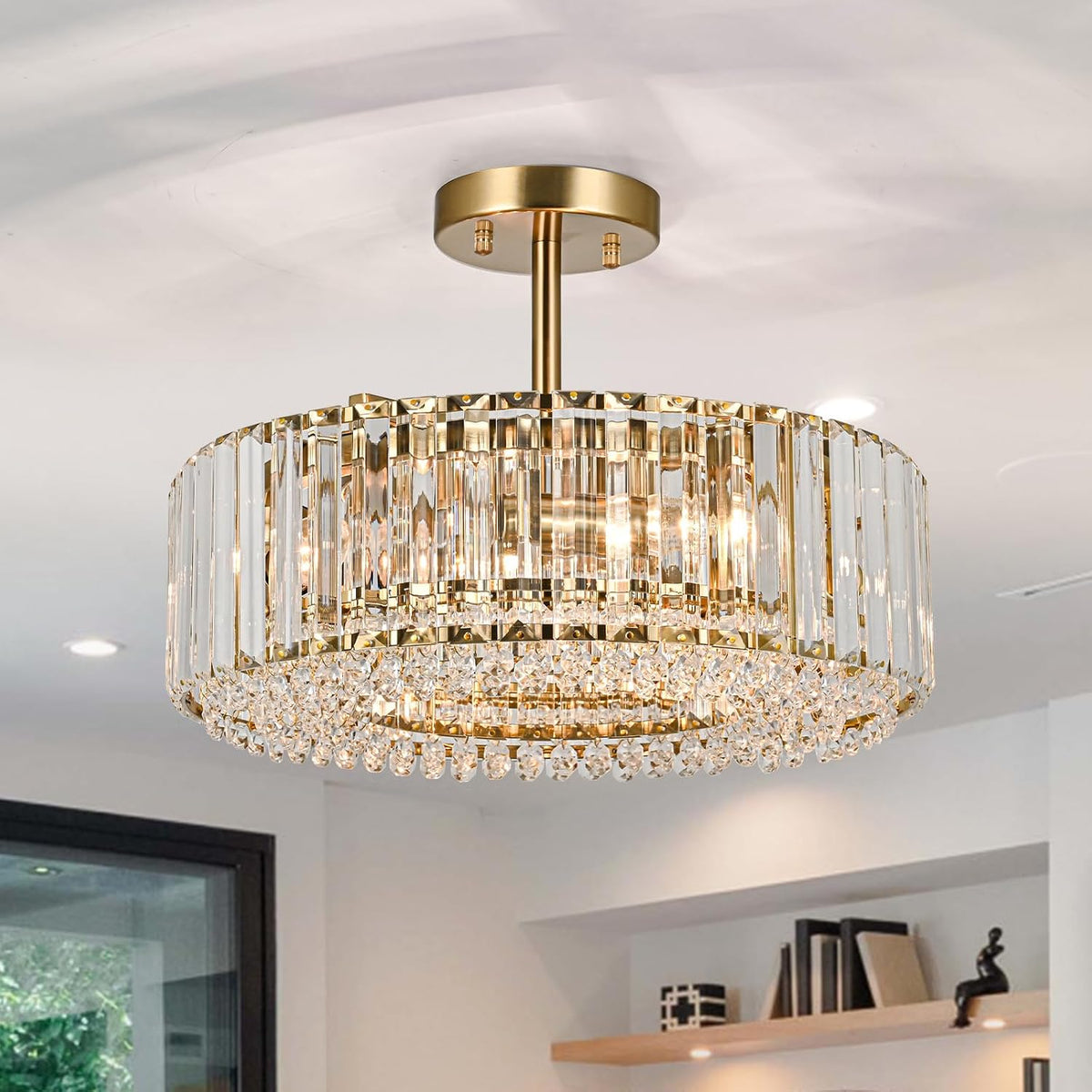 15.8 Inch Gold Round Semi Flush Crystal Chandelier for Small Rooms