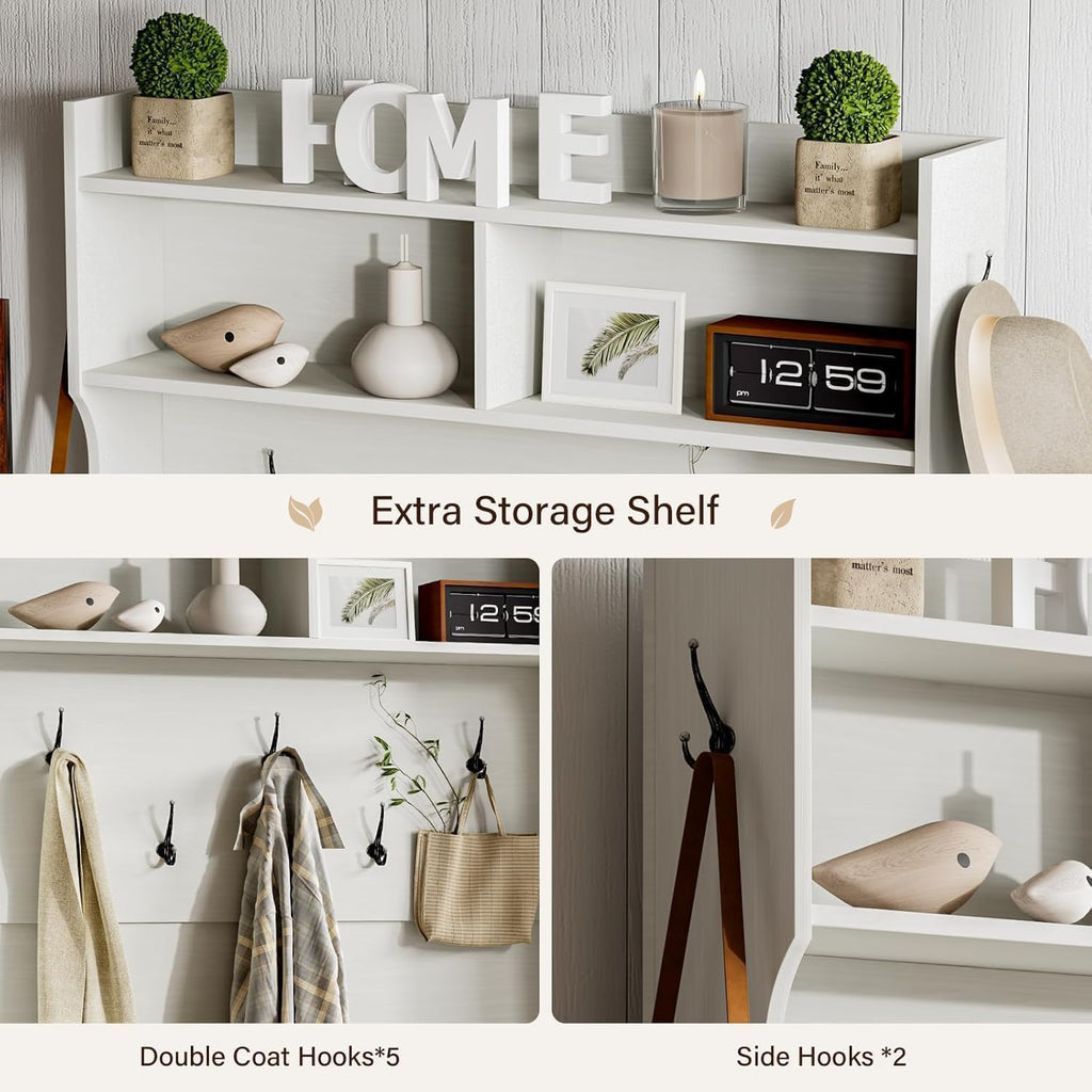 Farmhouse Hall Tree with Bench & Shoe Storage, White