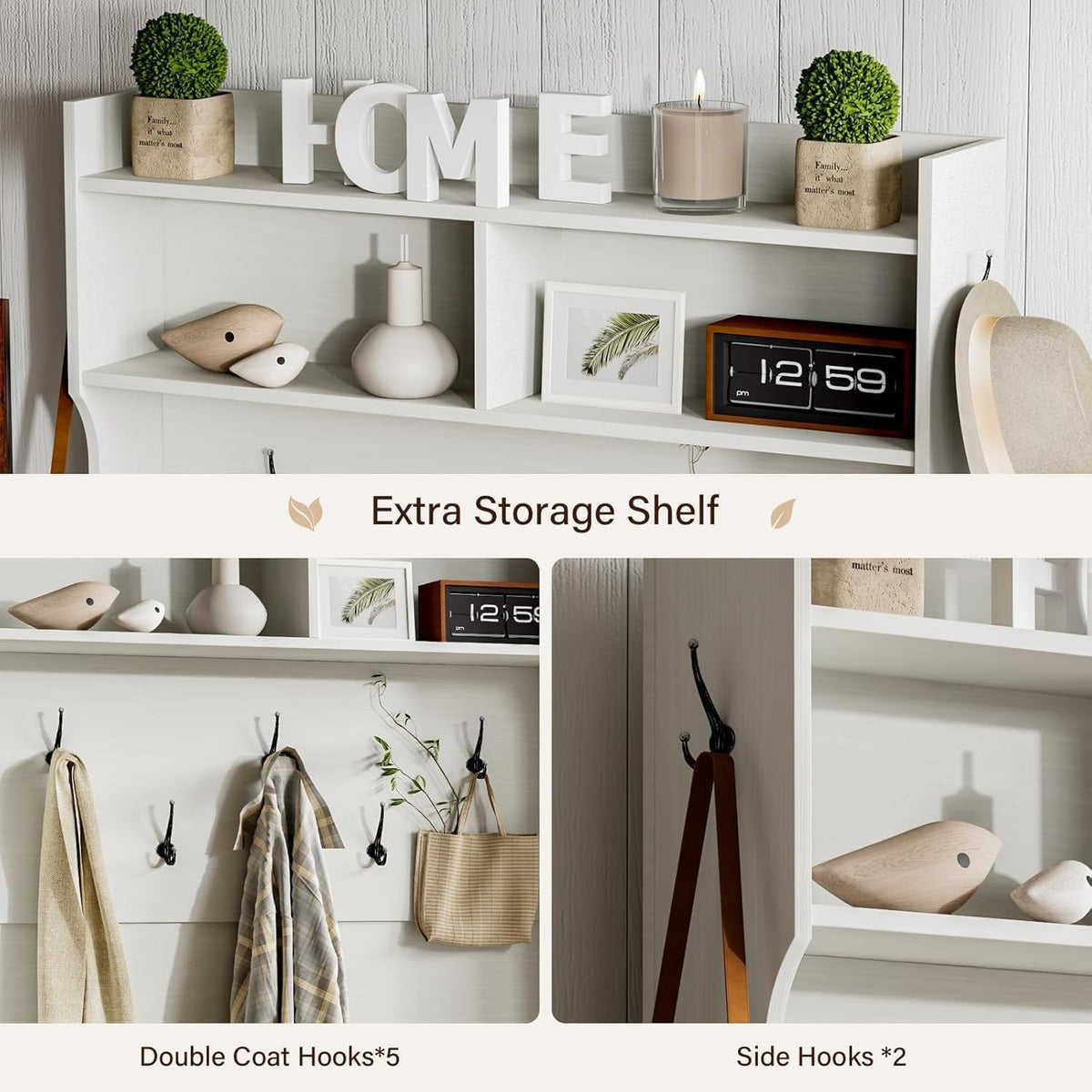 Farmhouse Hall Tree with Bench & Shoe Storage, White