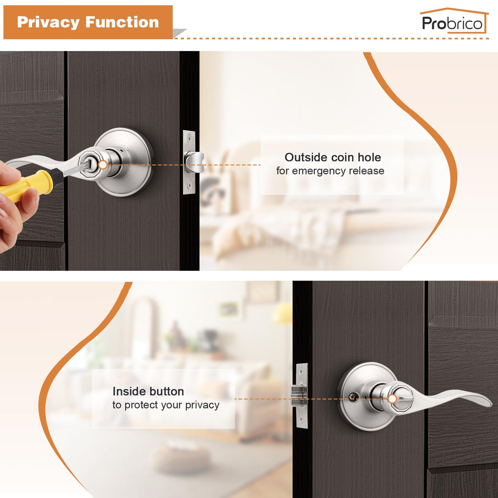 Interior Door Handles Satin Nickel, Privacy Bedroom Door Levers Wave Style, Keyless Door Handles with Lock, 4 Pack
