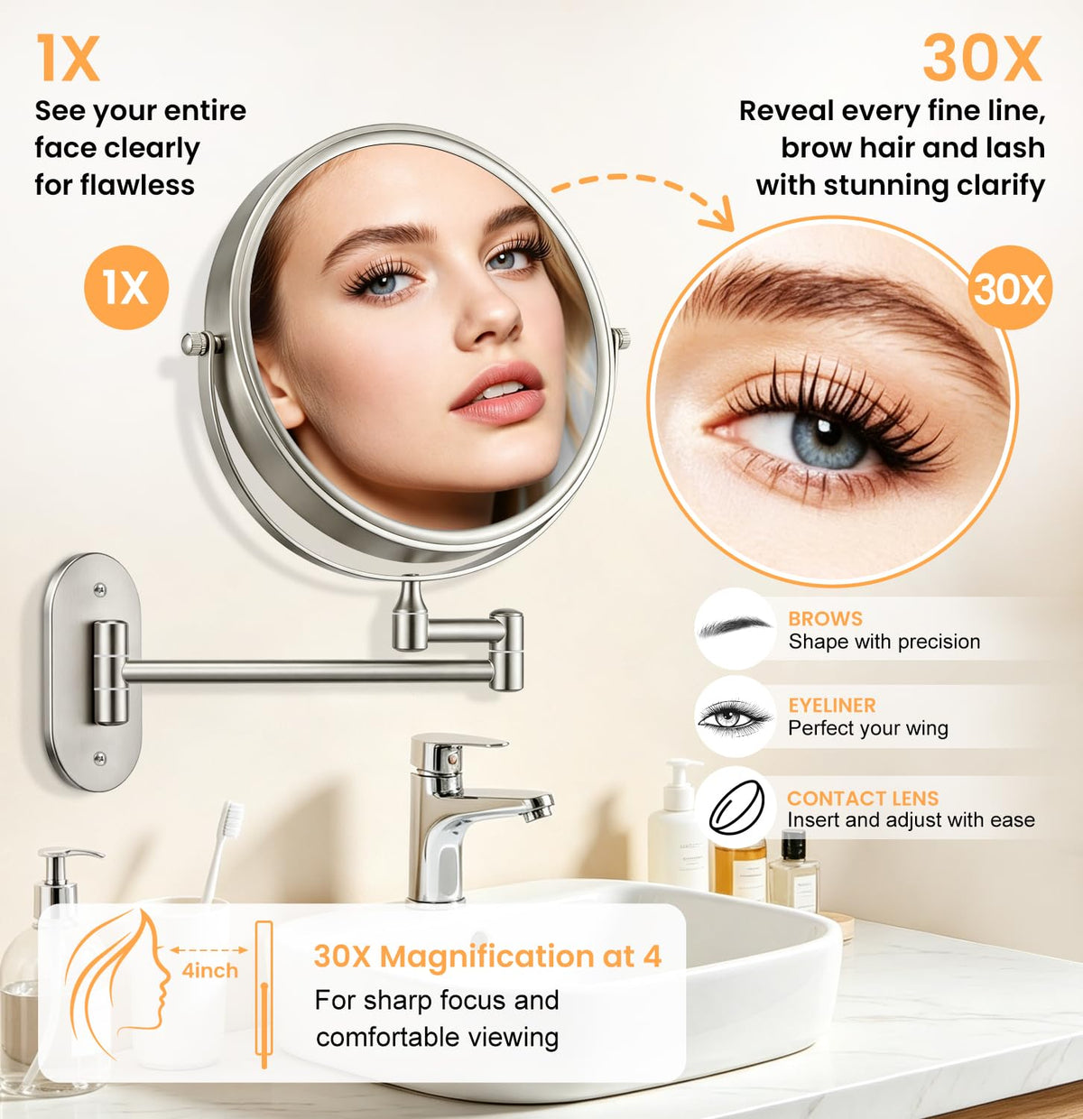 Wall Mounted Makeup Mirror, 8 Inch Double-Sided Magnifying Mirror