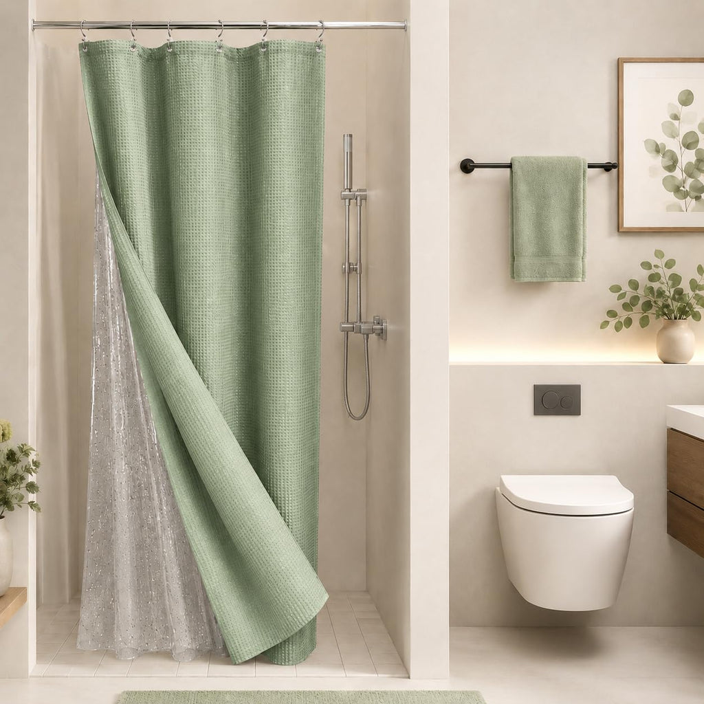 Waterproof Waffle Shower Curtain, Heavy Duty 3 Piece Set with Clear Liner and 6 Stainless Steel Hooks