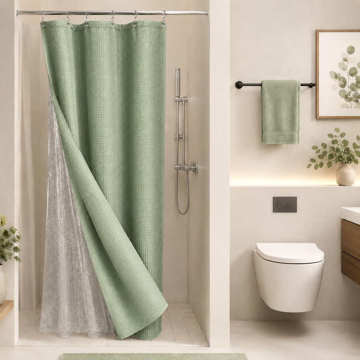 Waterproof Waffle Shower Curtain, Heavy Duty 3 Piece Set with Clear Liner and 6 Stainless Steel Hooks