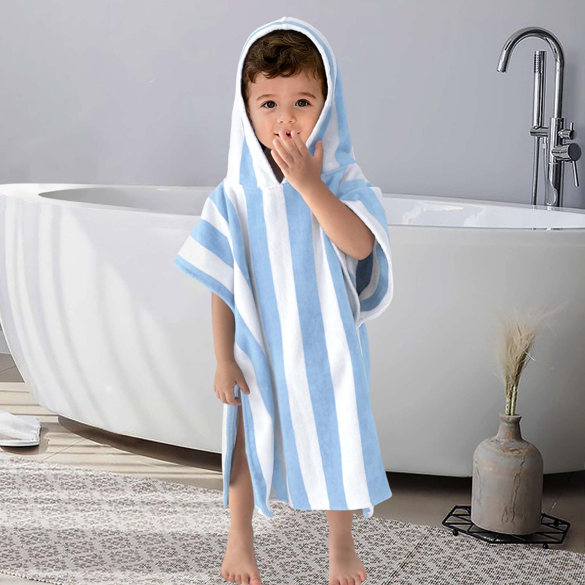 Toddler Poncho Towel 1-3Y,100% Cotton, Light‐Blue Stripe