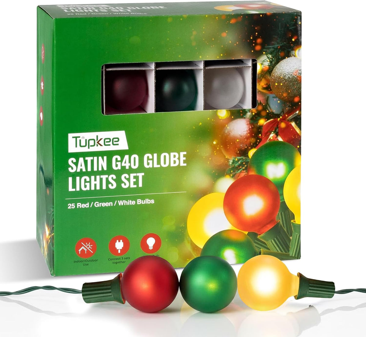 Globe Christmas Tree Lights, Red Green Clear Bulbs, 24 Ft String