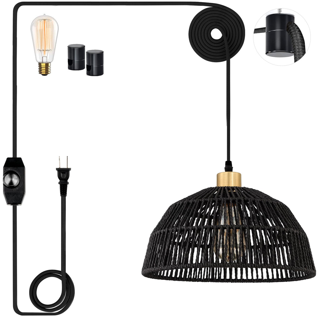 Plug in Pendant Light, Hanging Lights with 15ft Cotton Cord & Stepless Dimming Switch, Handwoven Hemp Rope Lampshade