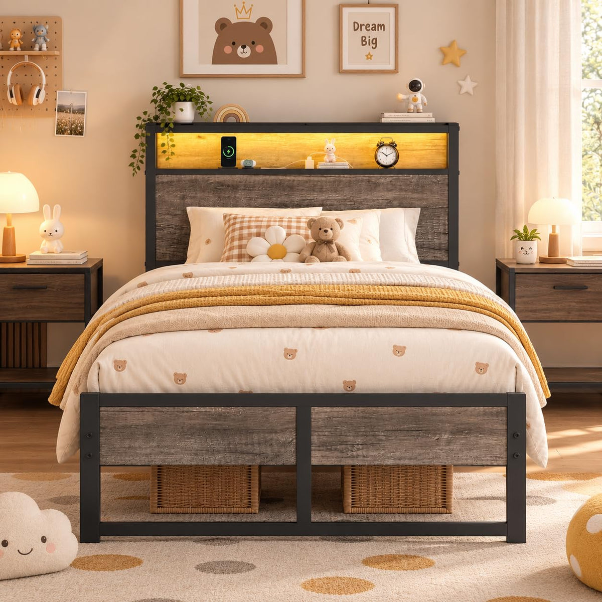 Bed Frame with LED Lights and Charging Station, Farmhouse Metal Platform Bed Frame with Storage Headboard