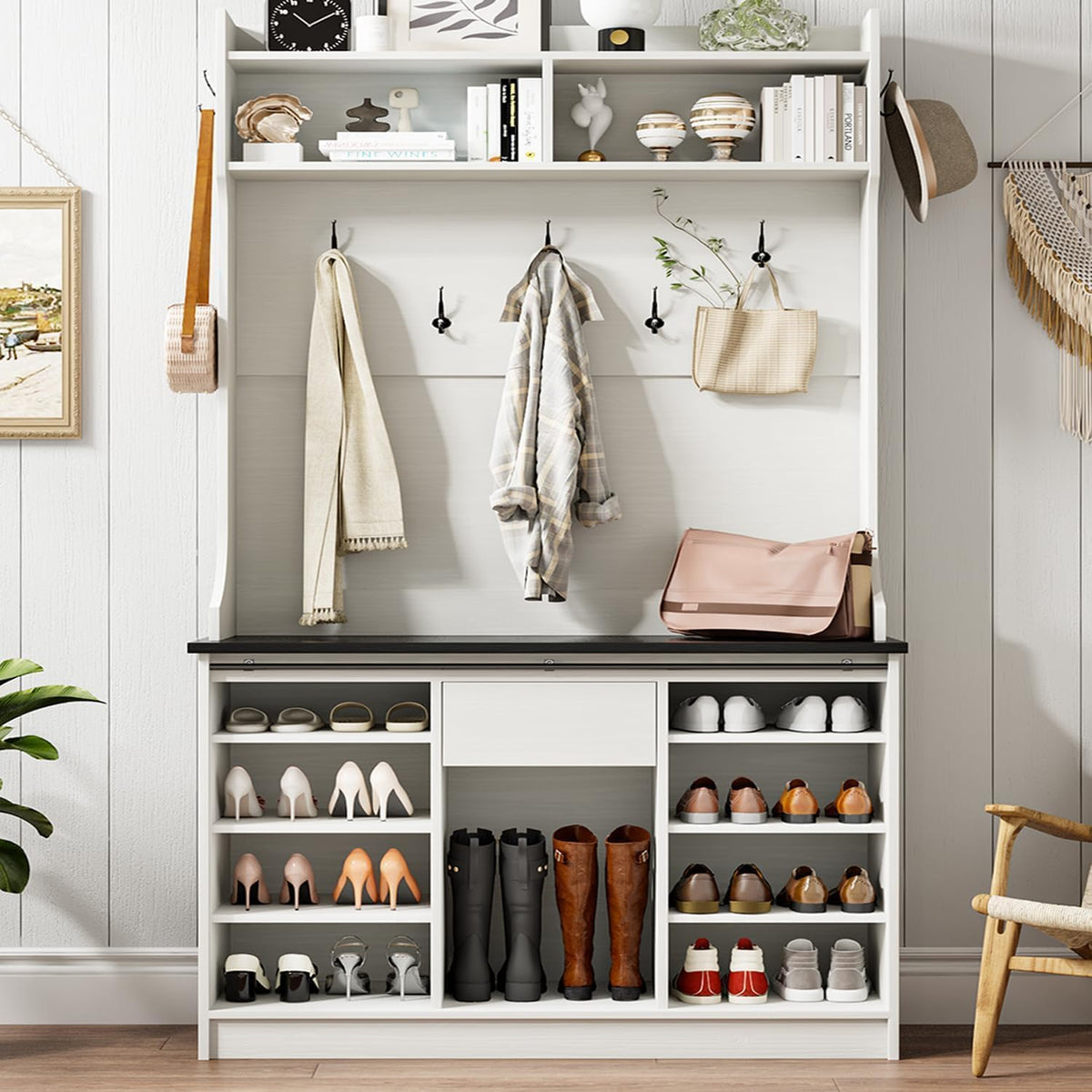 Farmhouse Hall Tree with Bench & Shoe Storage, White