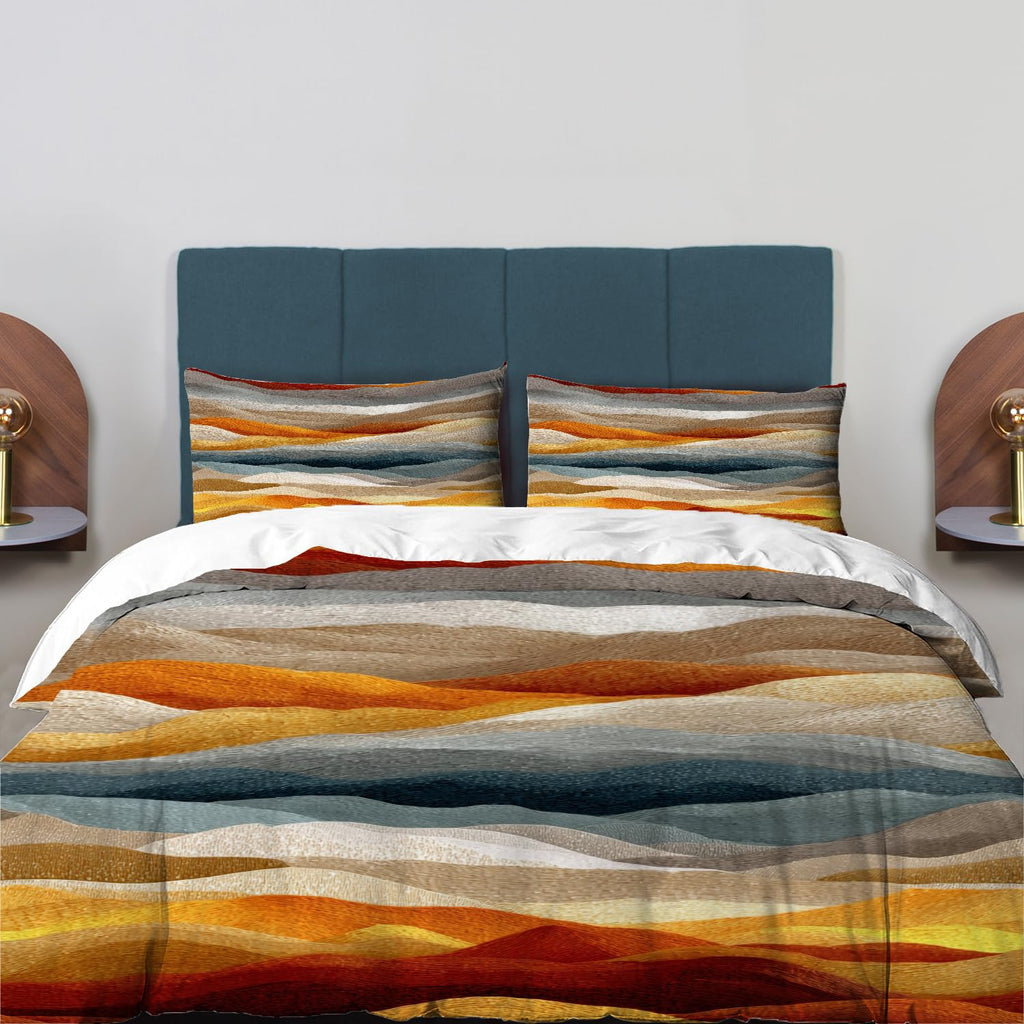 Horizontal Ochre Bands Duvet Cover Set, 3 Pieces Colorful Wave Like Landscape 100% Cotton Bedding Sets