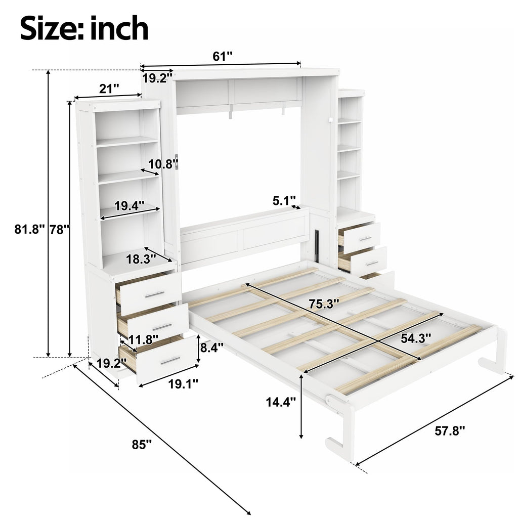 Full Murphy Bed with Storage Shelves and Drawers, Solid Wood Foldable Hidden Murphy Wall Bed with Storage Bookcase