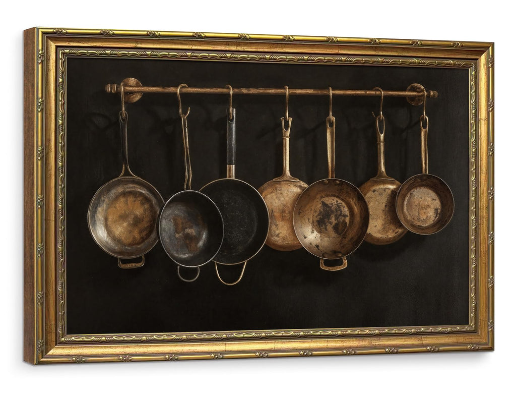 Large Dark Academia Kitchen Wall Art Gold Framed, Moody Vintage Copper Pots Still Life Canvas Print, Statement
