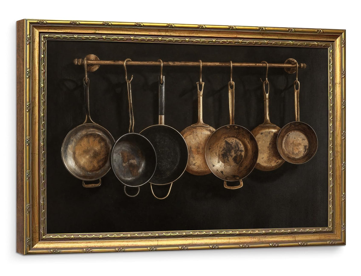 Large Dark Academia Kitchen Wall Art Gold Framed, Moody Vintage Copper Pots Still Life Canvas Print, Statement