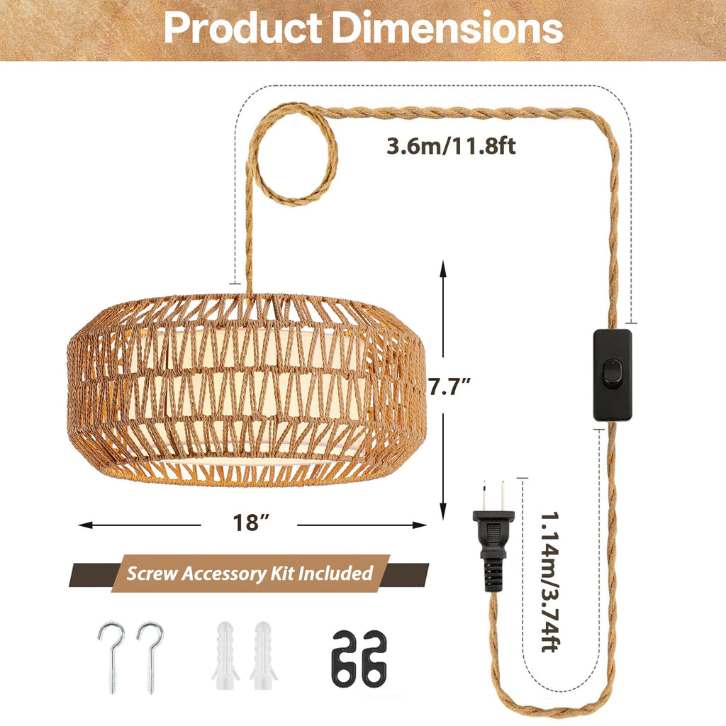 18 Inch Plug in Pendant Light, Boho Hanging Lamp with 15.7FT Light Cord