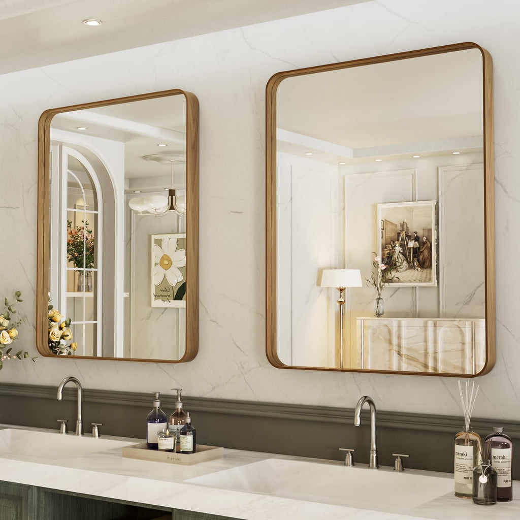 22X30 Inch Bathroom Mirror with Wood Grain Colored Metal Frame