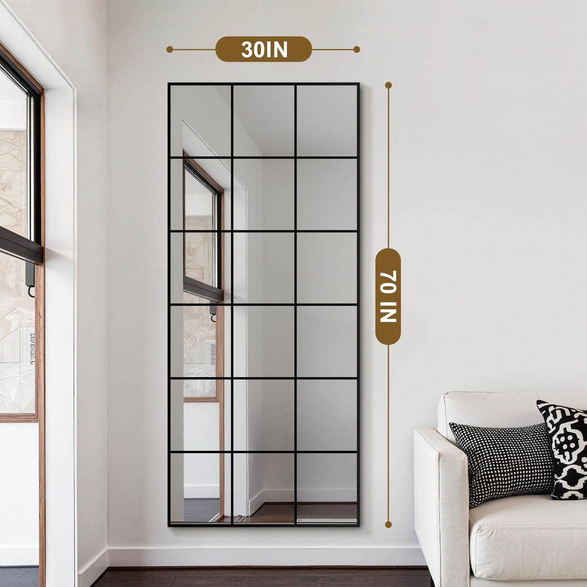 Full Length Mirror Window Pane, 30" x 70" Large Decorative Mirror, Black
