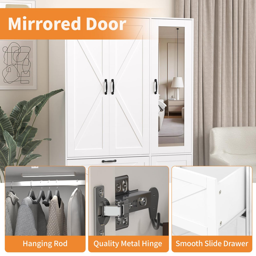 Armoire Wardrobe Closet with 3 Door, Bedroom Armoire with Mirror, LED Light, Hanging Rod, Drawers, Adjustable