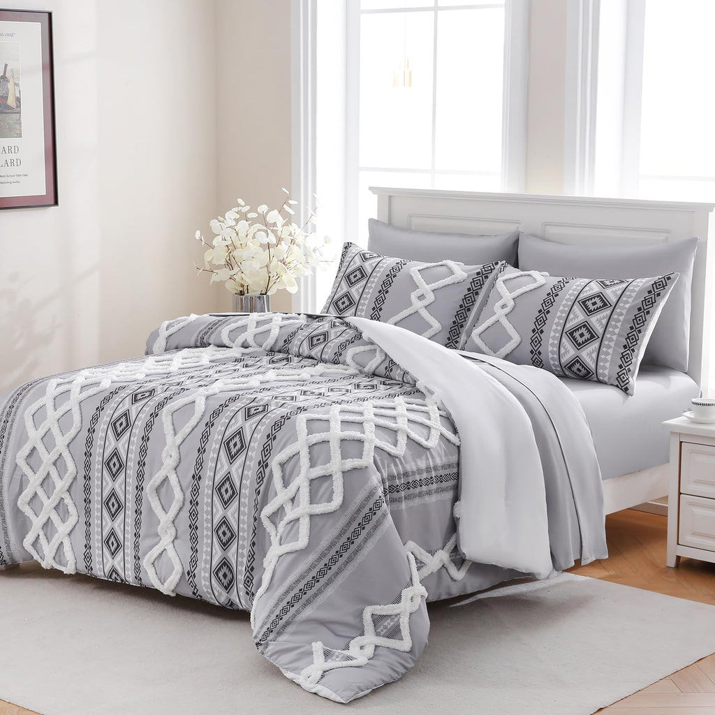 Gray Comforter Set Queen 7 Pieces White and Gray Tufted Bedding Set Soft Microfibr Boho Aztec Comforter Set Warm and