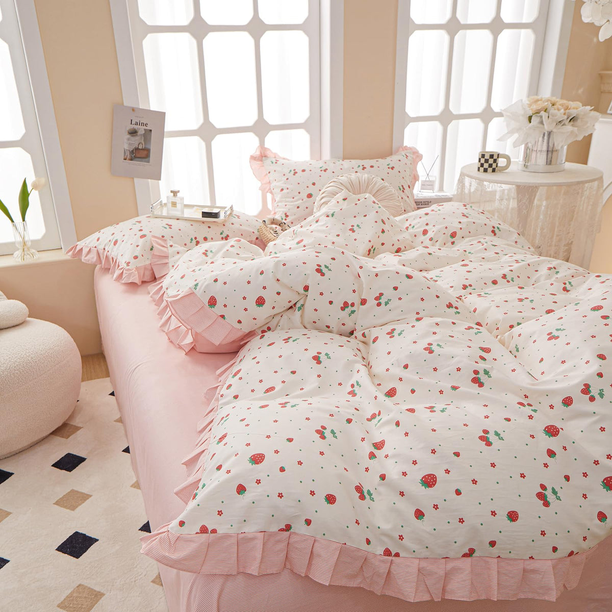 Comforter Set Strawberry Print Bedding Comforter Ruffled Lace Bedding Set Fluffy Fruit Comforters Pink Stripes