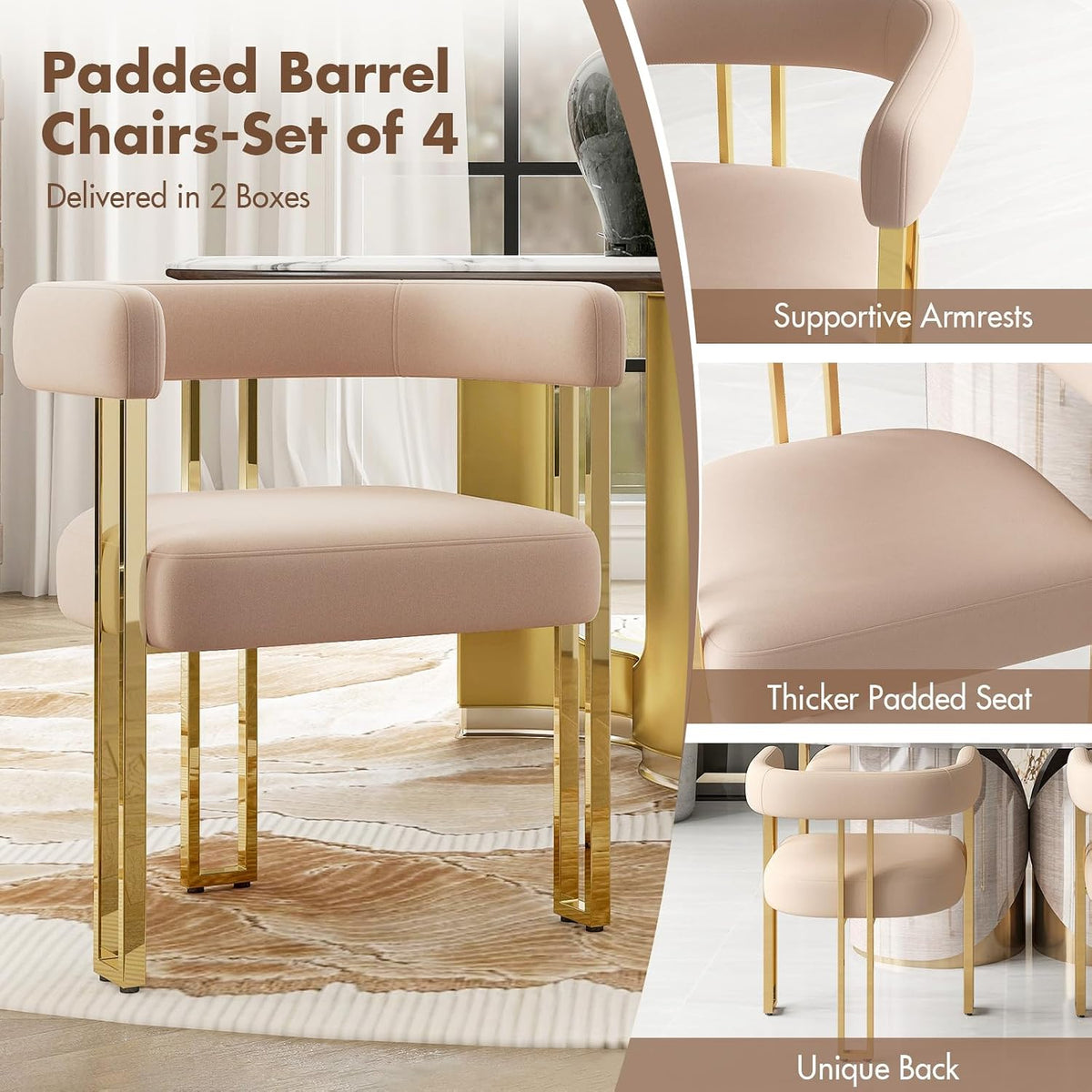 Velvet Dining Chairs Set of 4, Khaki Upholstered Barrel Armchairs with Gold Metal Legs for Kitchen Island, Mid