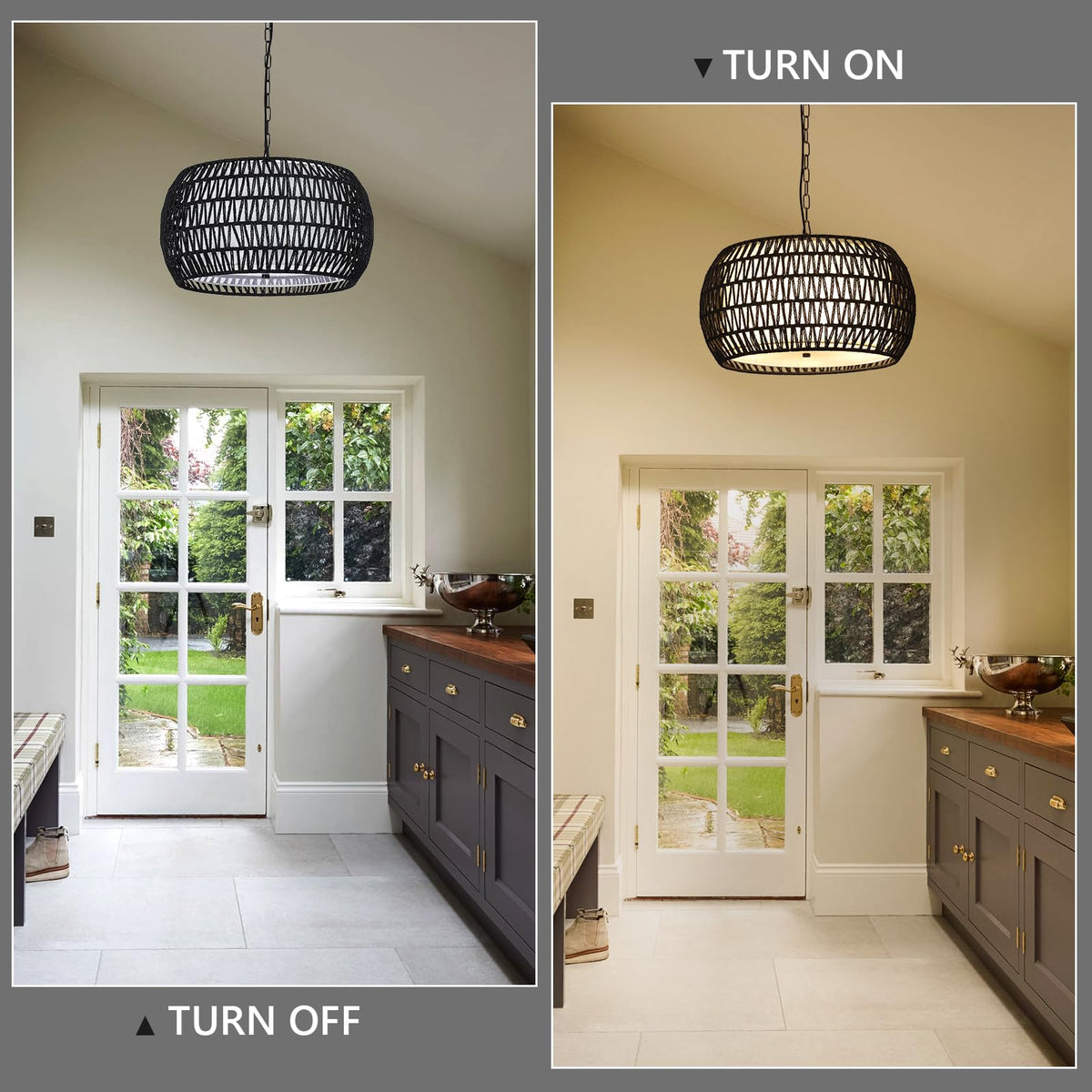 Farmhouse Chandeliers, 5-Lights Rattan Boho Chandelier Light Fixture, Black Woven Dining Room Light Fixture with