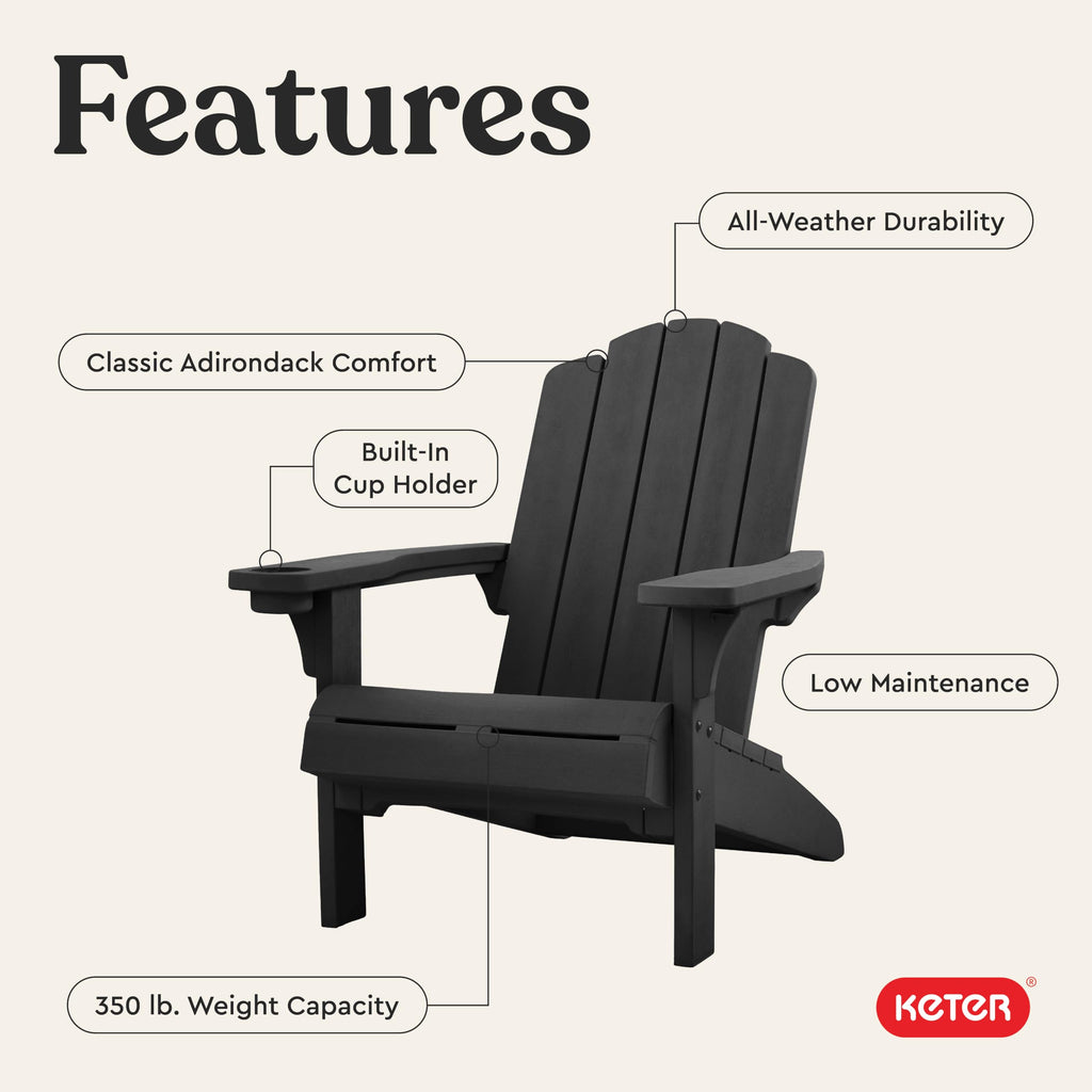 Kiawah Adirondack Chair, Weather‐Resistant Resin Outdoor Patio Chair, Ergonomic Design, All‐Weather Seating for