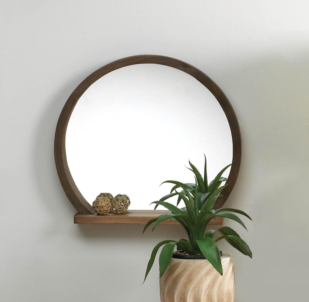 Décor Round Wall Mirror, Wood with Shelf, 17.75x2.75x16
