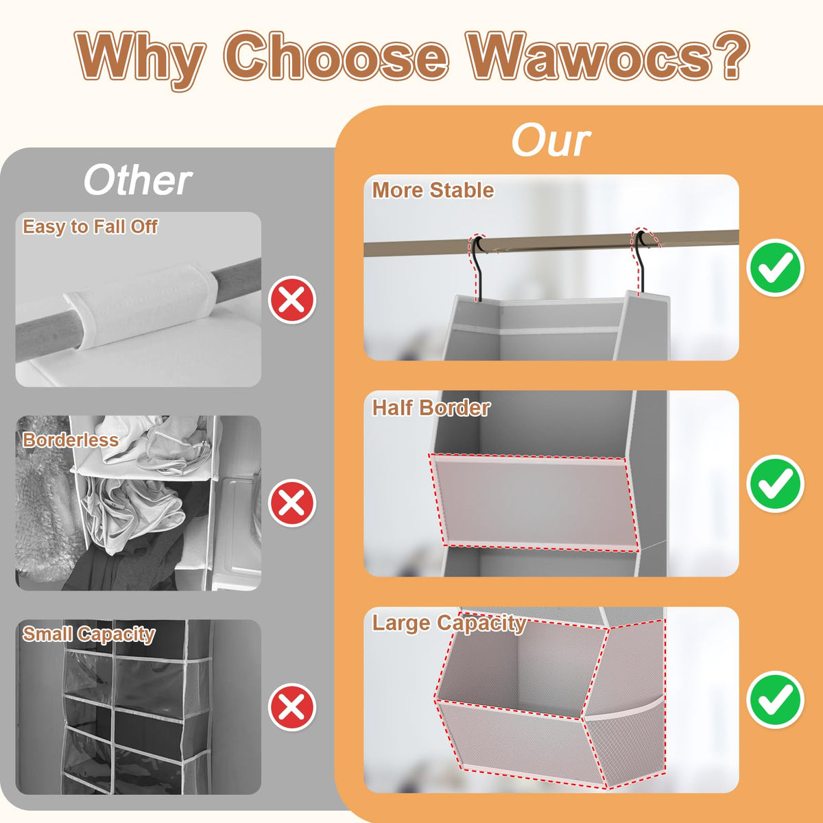 Closet Organizers and Storage Hanging with Mesh Pockets for Clothes, Grey