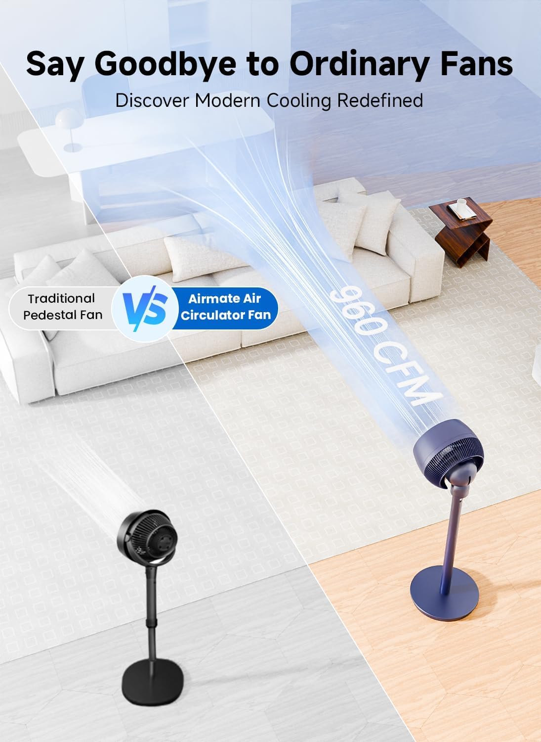 Standing Fan , 9" Blade Pedestal Fan with Remote, DC Motor, 12 Speeds, Quiet 25dB, 960CFM High Airflow, 85ft