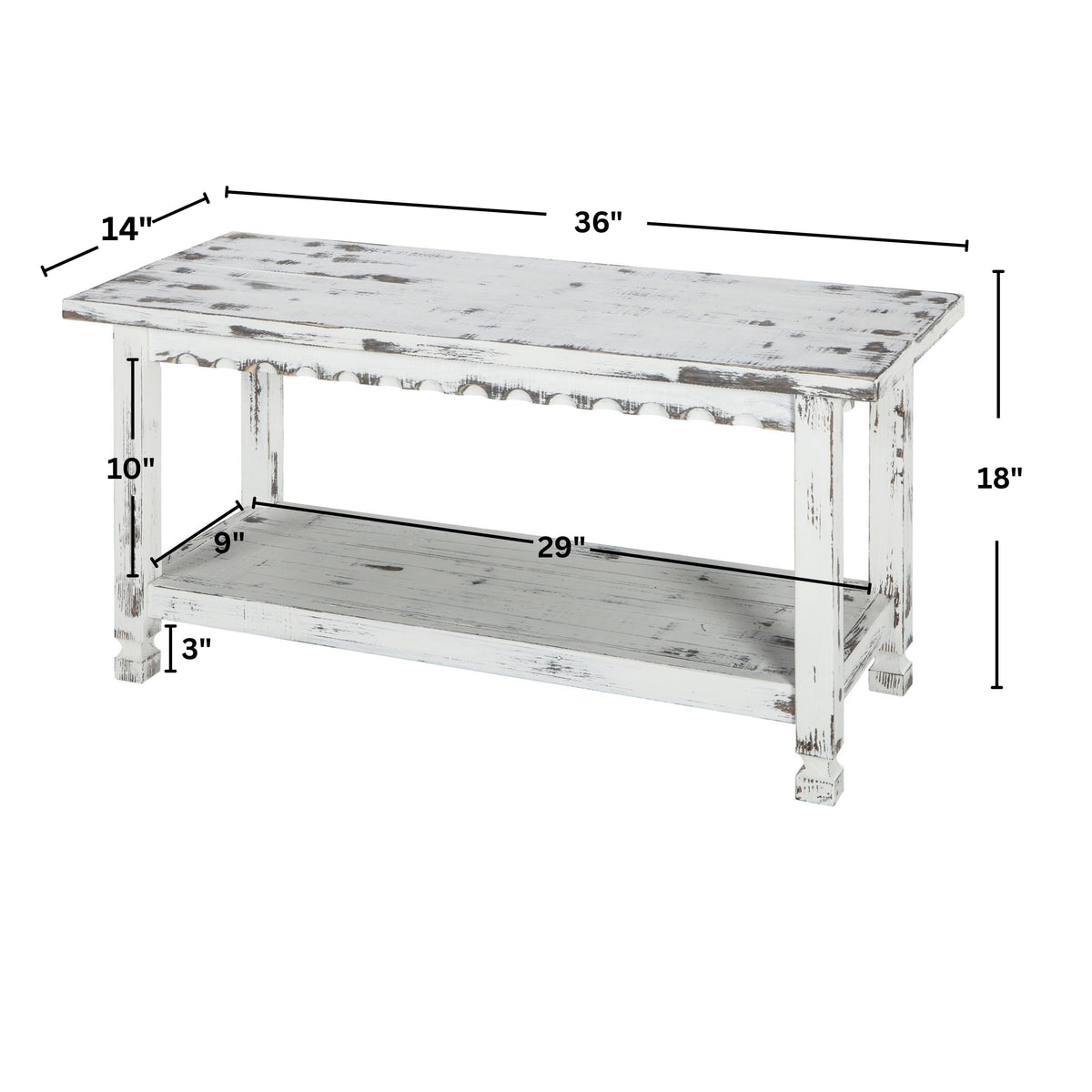Country Cottage 36-Inch Farmhouse Entryway Bench with Storage Shelf - Solid Pine Wood Bench in Distressed White, or