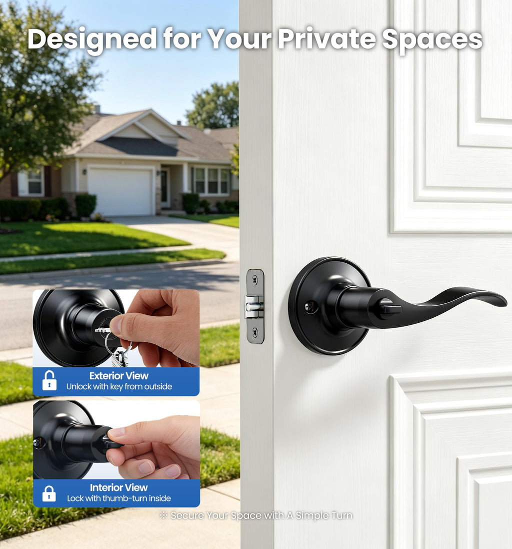 2 Pack Keyed Alike Entry Door Handles with Locks & Keys, Matte Black