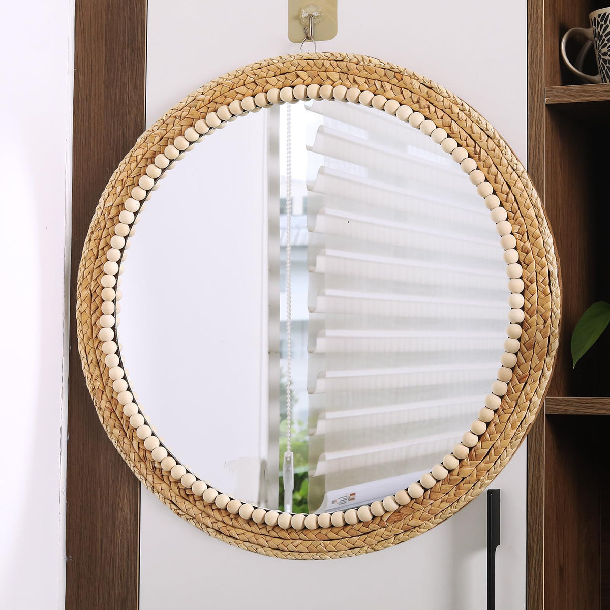 21 Inch Boho Round Hanging Wall Mirror Decorative Rattan Circle Wall Mounted Mirror for Farmhouse, Living Room