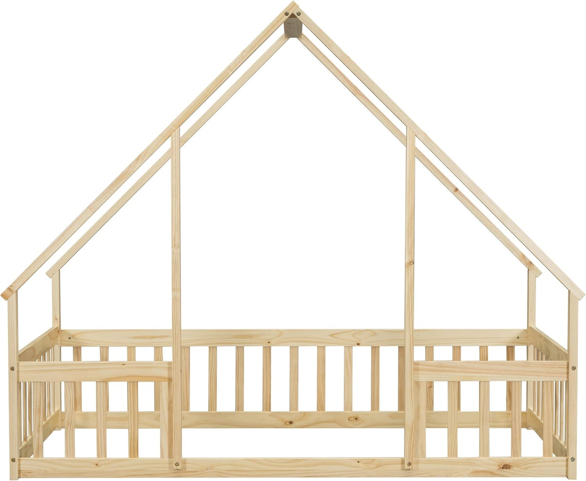 House-Shaped Floor Bed with Safety Guardrails, Natural