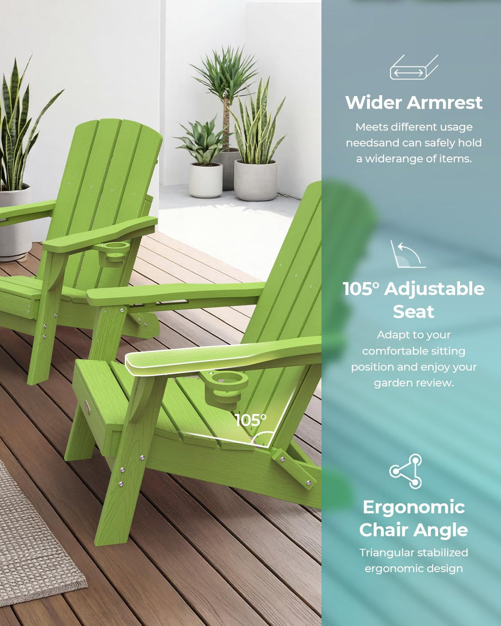 Folding Adirondack Chair, HDPE, 2 Cup Holders, Lime