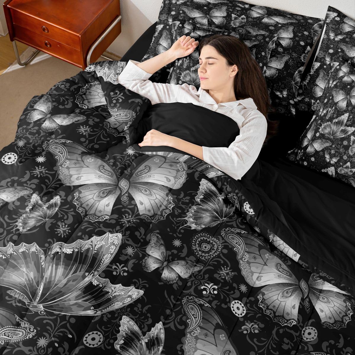 Girls Women Damask Baroque Grey Butterfly 7 Piece Bedding Set Twin | Paisley Victorian Comforter Set with Sheets