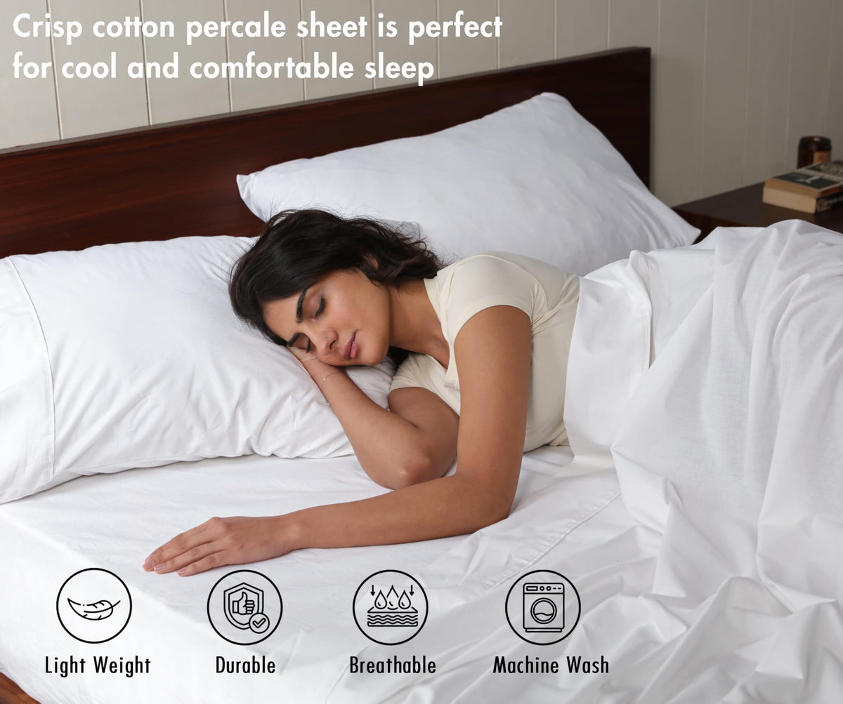 100% Cotton King Sheets, Percale King Size Sheets Set, Bright White