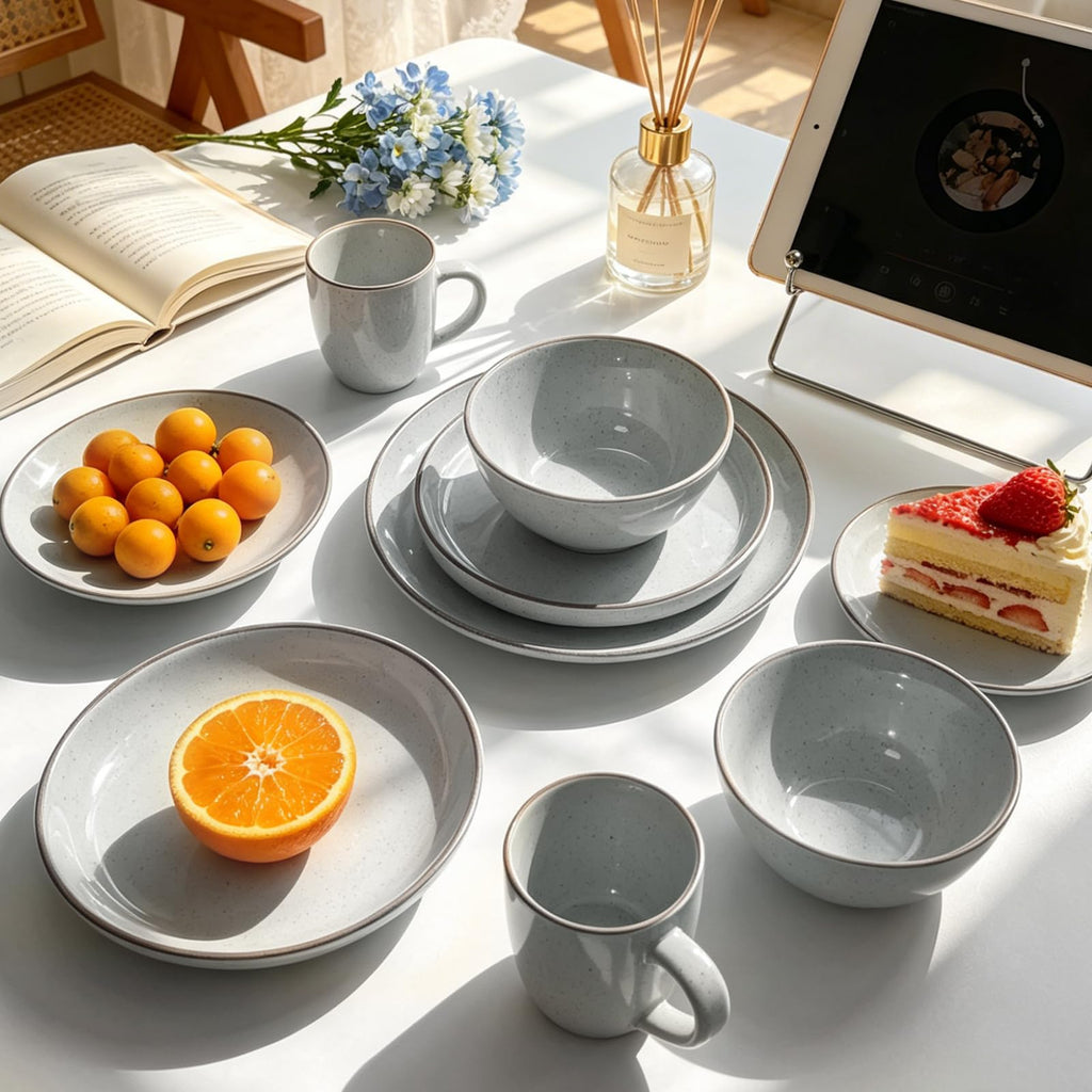 Stoneware Euro-Nordic 20pc Dinnerware Set, Shiny White With Speckled Effect