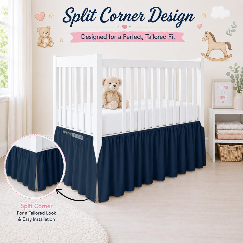 Cotton Crib Bed Skirt Dust Ruffle with Split Corners, 14" Drop, Navy Blue