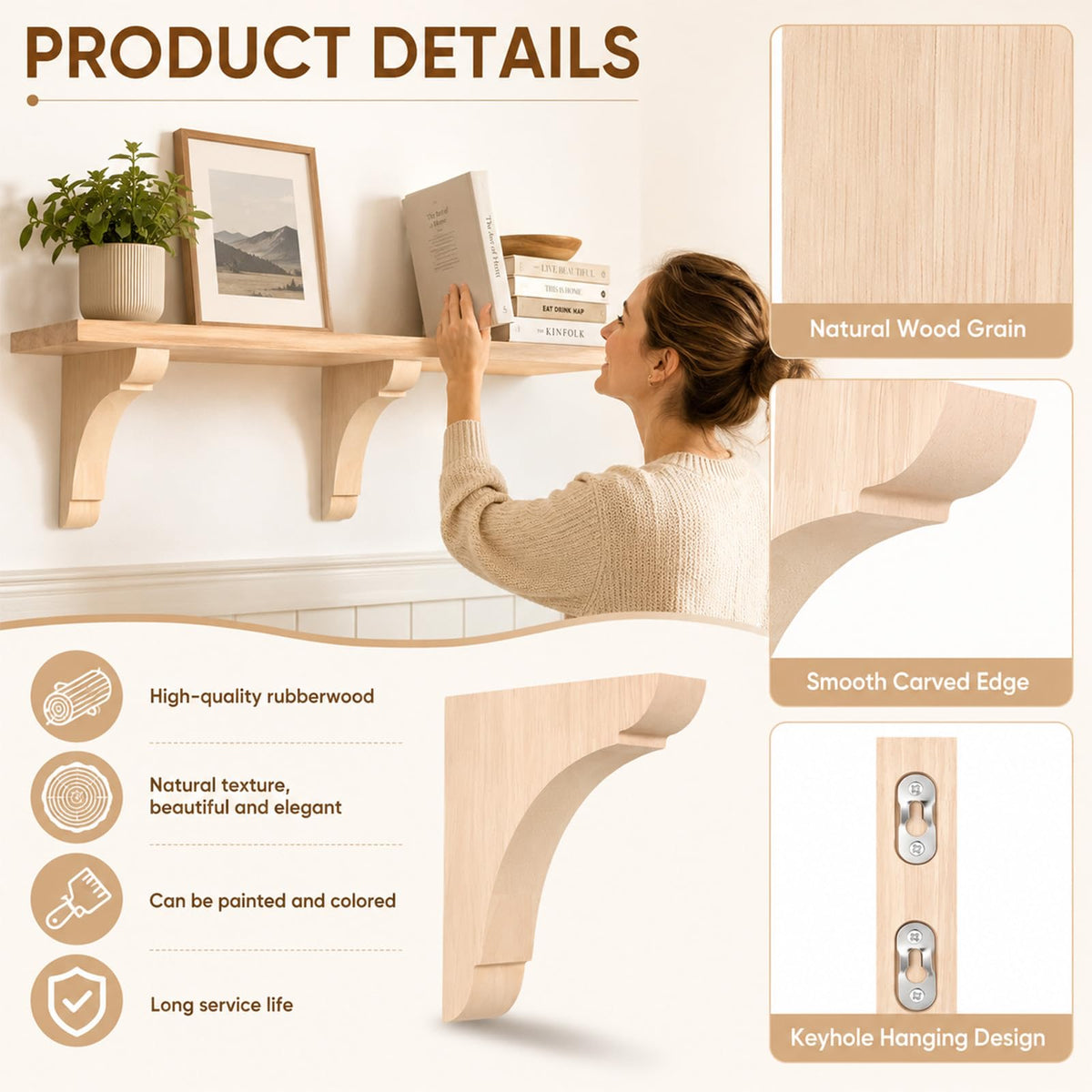 4 Pcs Wood Corbels, 6 x 6 x 1.2 Inch Wooden Shelf Brackets Unfinished Natural Rubber Wood Shelf Bracket with Hanging