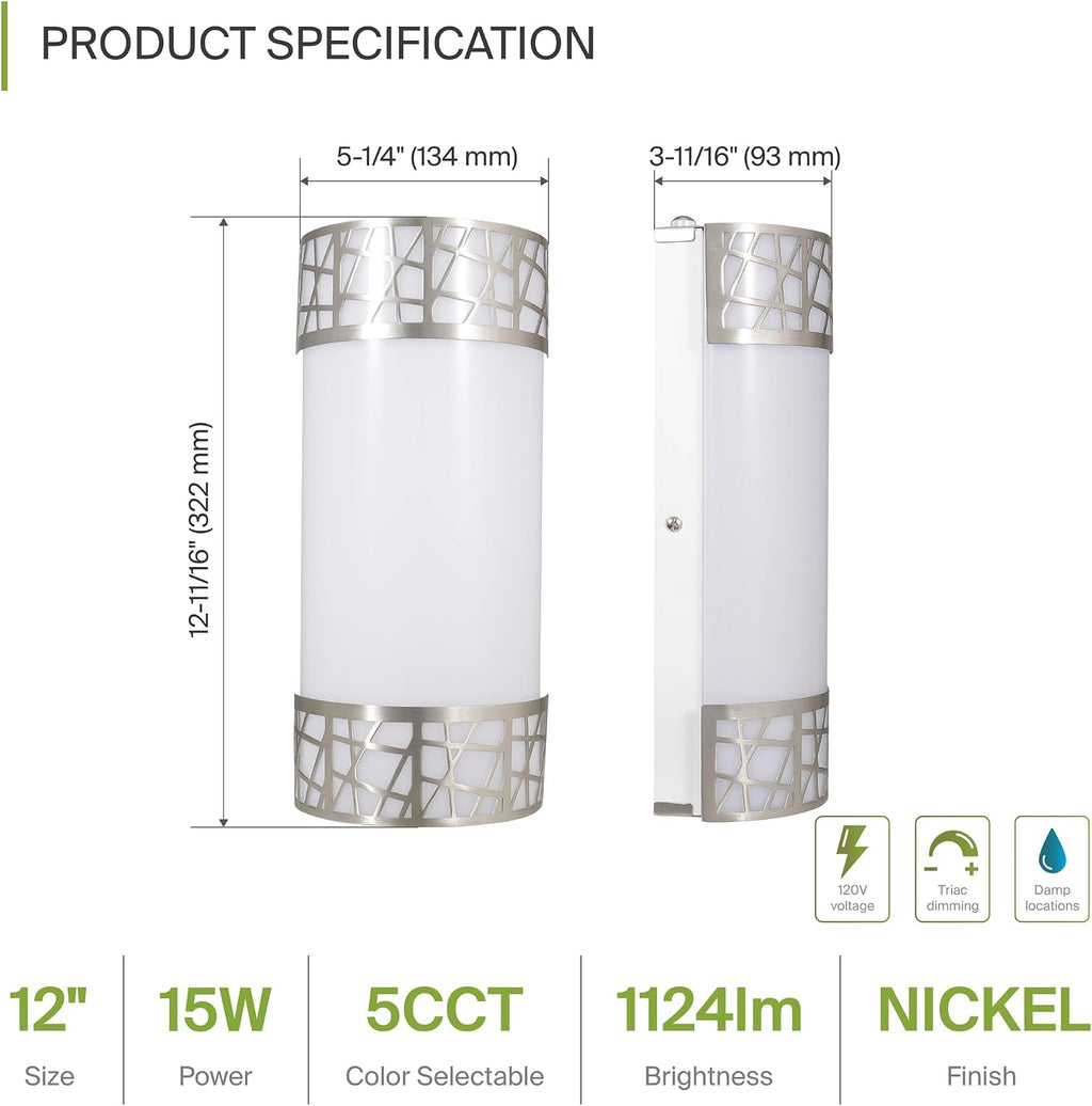 12 Inch LED Indoor Wall Sconce - Brushed Nickel Modern Dimmable 15W 2700K-5000K Adjustable Wall Mounted Light