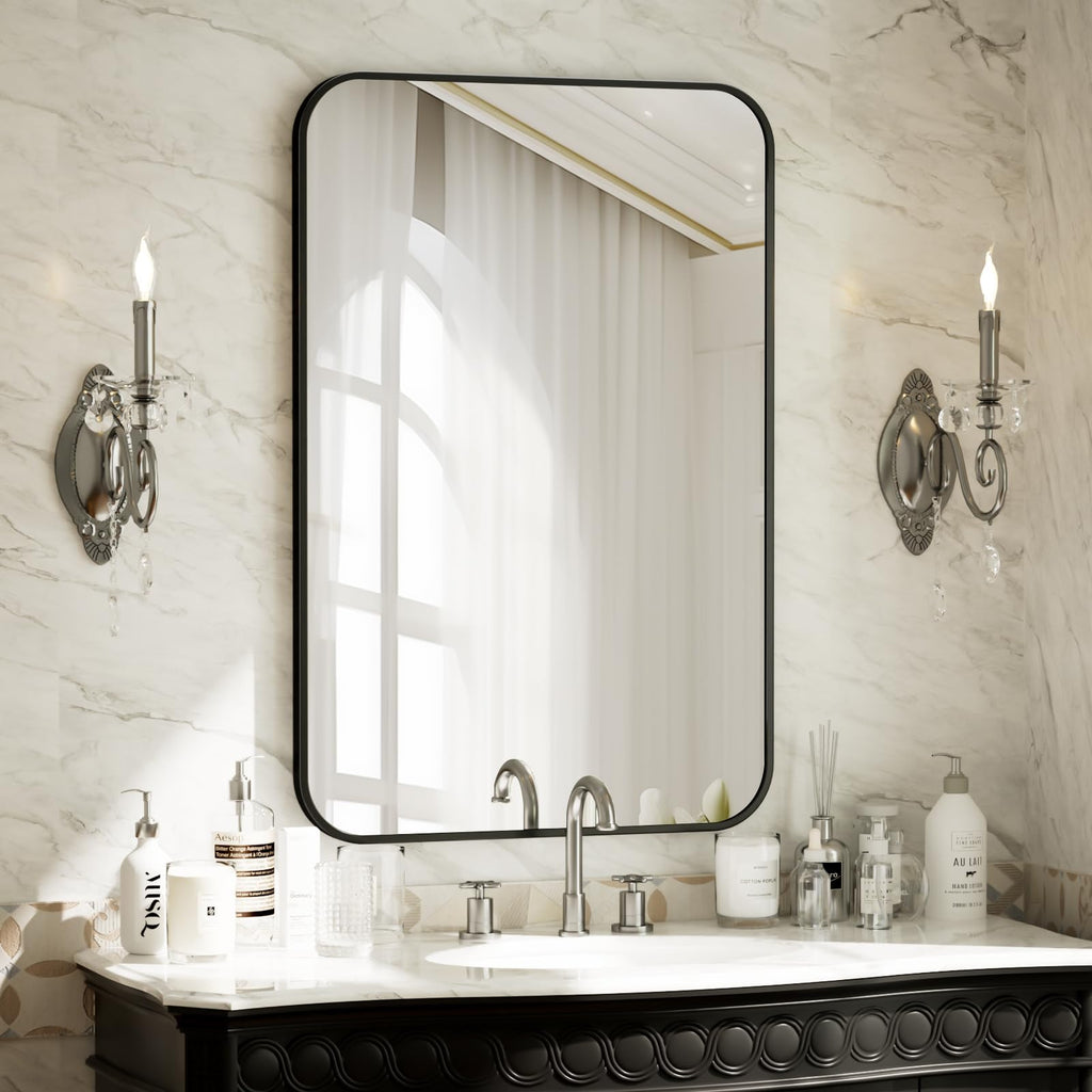 24" x 36" Rectangular Aluminum Alloy Frame Wall Mounted Bathroom Mirror with Rounded Corners, Black