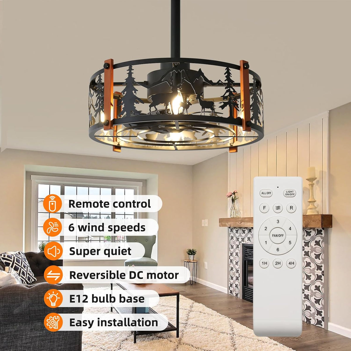 19" Black Caged Ceiling Fan with Light