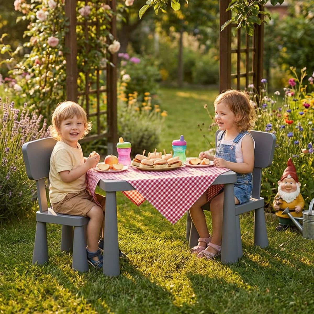 Kids Table and Chairs, 3 PCS Plastic Toddler Table Set (Gray)