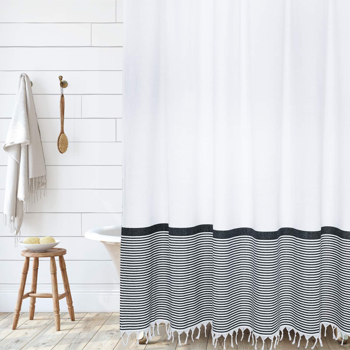Modern Farmhouse Tassel 100% Cotton Striped Fabric with Tassels Décor (Black, 72"x72")