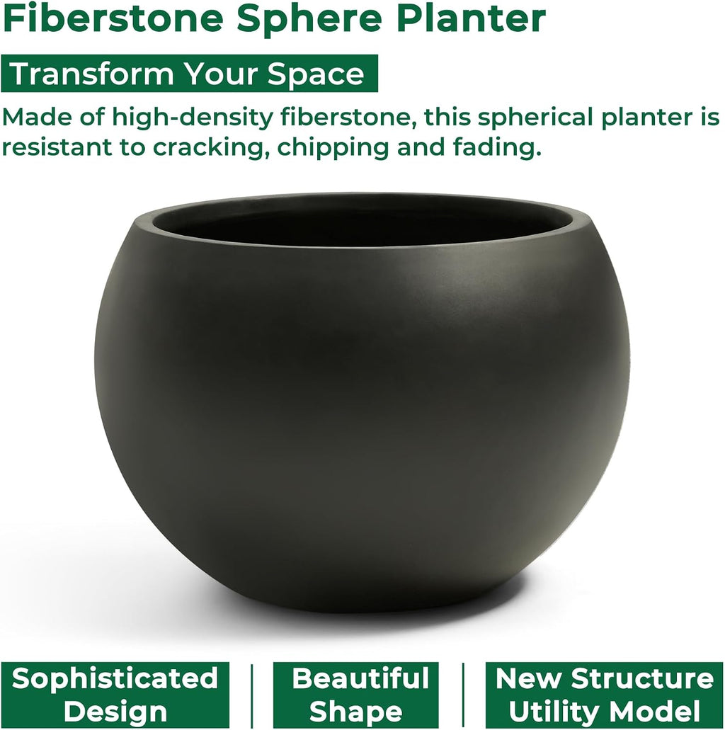 19.3" Dia-13 H Fiberstone Sphere Planter, Black Round Flower Pot | Large Concrete Planters for Indoor Outdoor, 15"