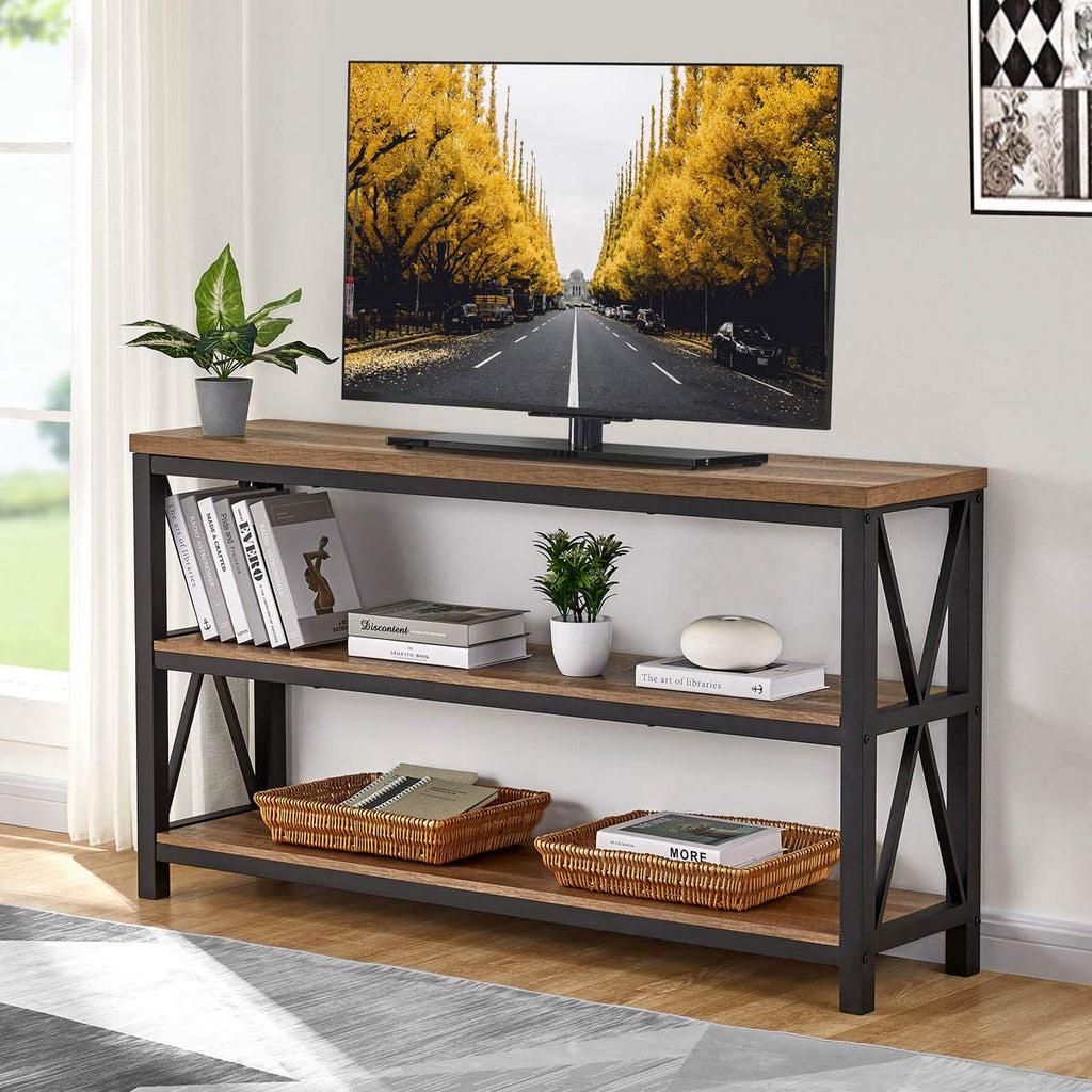 55" Console Table, 3 Tier Farmhouse Narrow Sofa Table, Rustic Oak