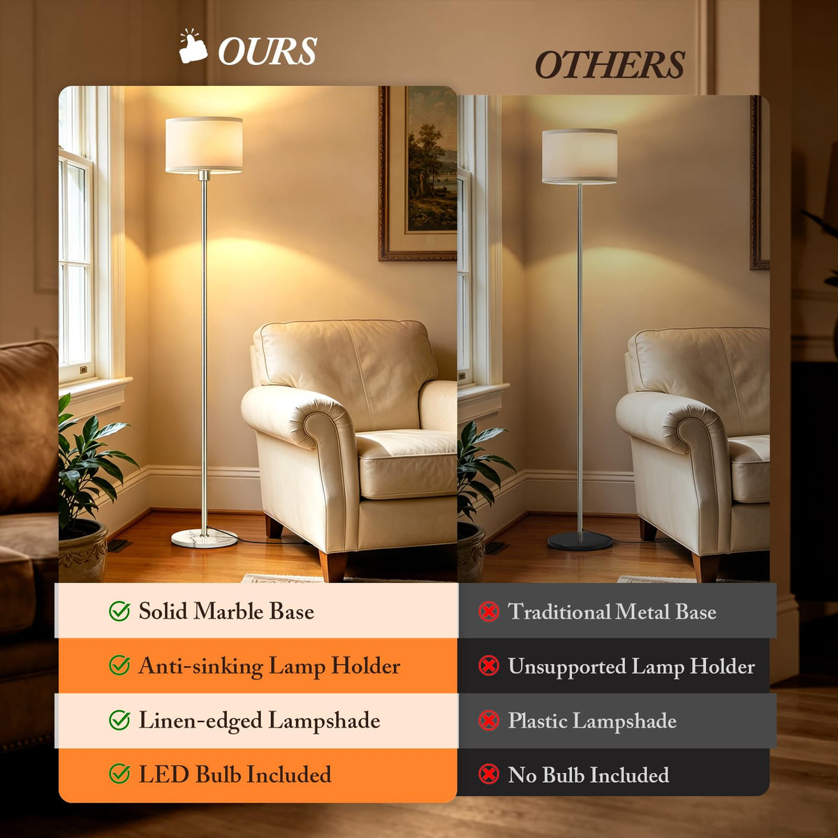 63" Silver Floor Lamps, Standing Lamp with Marble Base