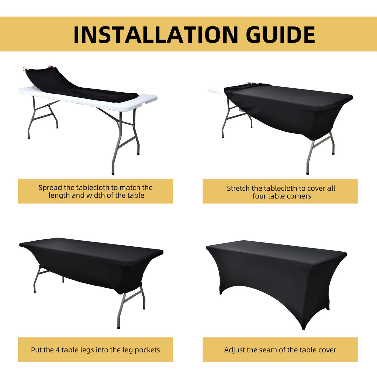 6-Pack 6ft Black Spandex Table Covers for Rectangle Standard Folding Tables - Wrinkle Resistant Stretch Tablecloths