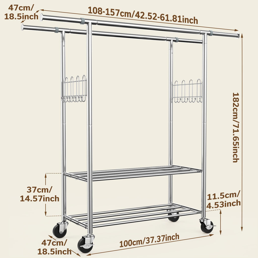 100% Stainless Steel Heavy Duty Clothes Rack Load 960LBS, Double Rod Clothing Rack for Hanging Clothes with